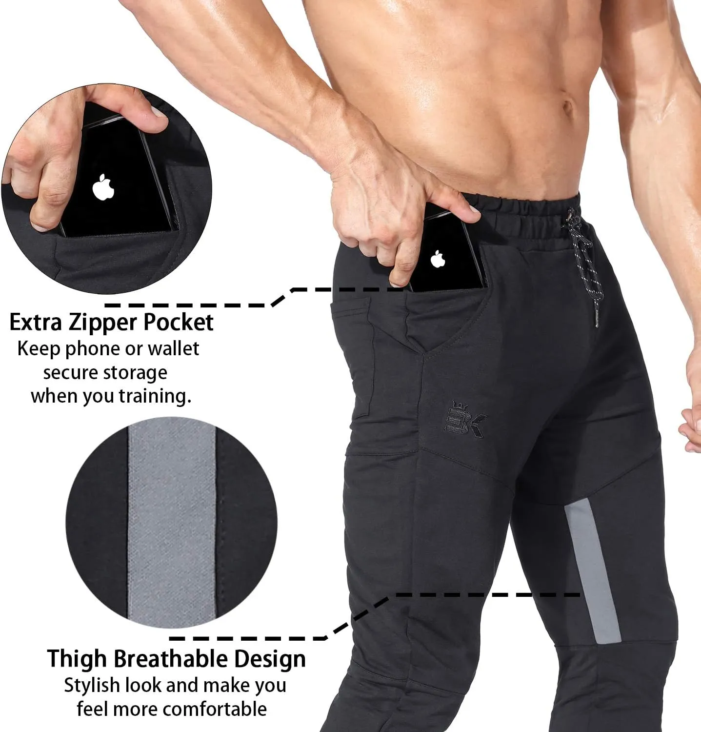 BROKIG Mens Gym Jogger Pants,Casual Slim Workout Sweatpants with Zipper Pockets Bodybuilding Athletic Pants