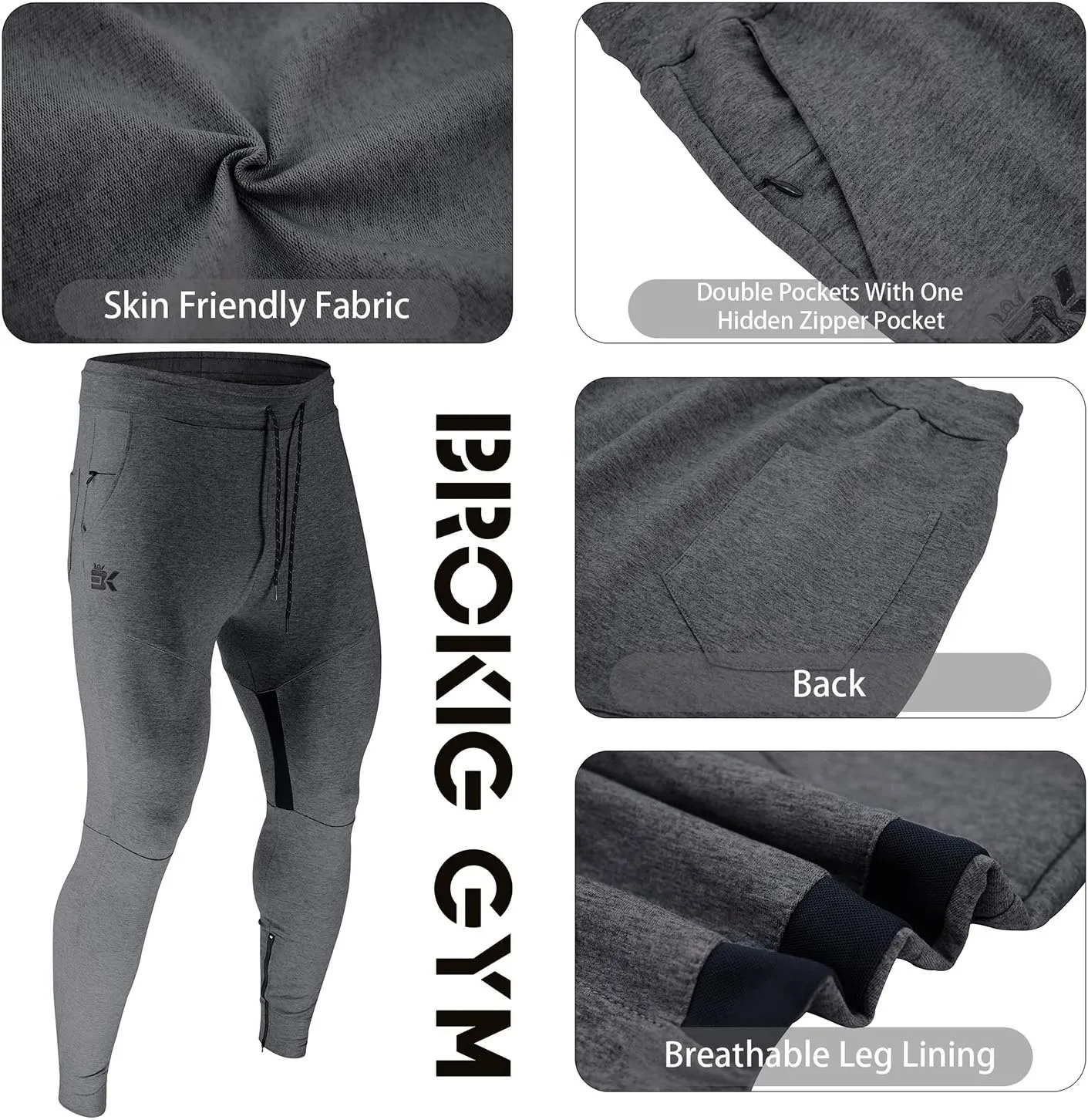 BROKIG Mens Gym Jogger Pants,Casual Slim Workout Sweatpants with Zipper Pockets Bodybuilding Athletic Pants