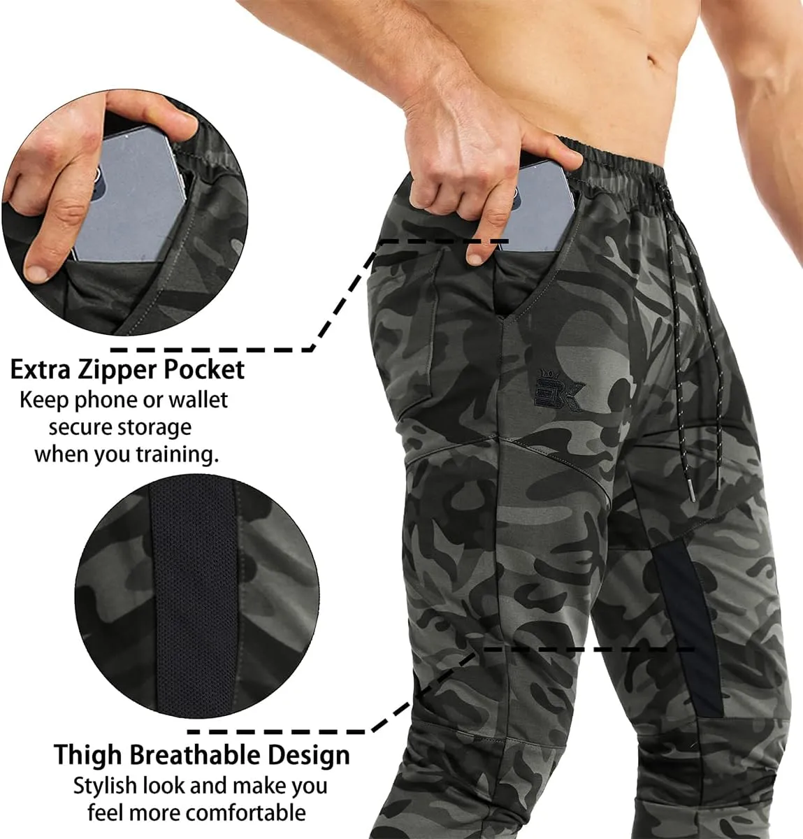 BROKIG Mens Gym Jogger Pants,Casual Slim Workout Sweatpants with Zipper Pockets Bodybuilding Athletic Pants
