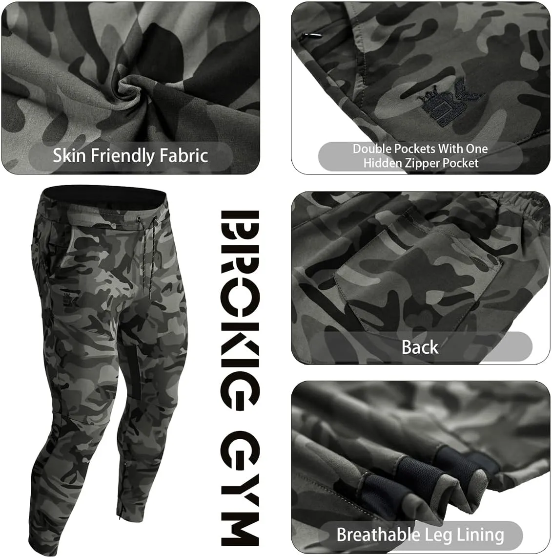 BROKIG Mens Gym Jogger Pants,Casual Slim Workout Sweatpants with Zipper Pockets Bodybuilding Athletic Pants