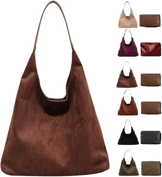Brown Suede Retro Slouchy Shoulder Bag for Women