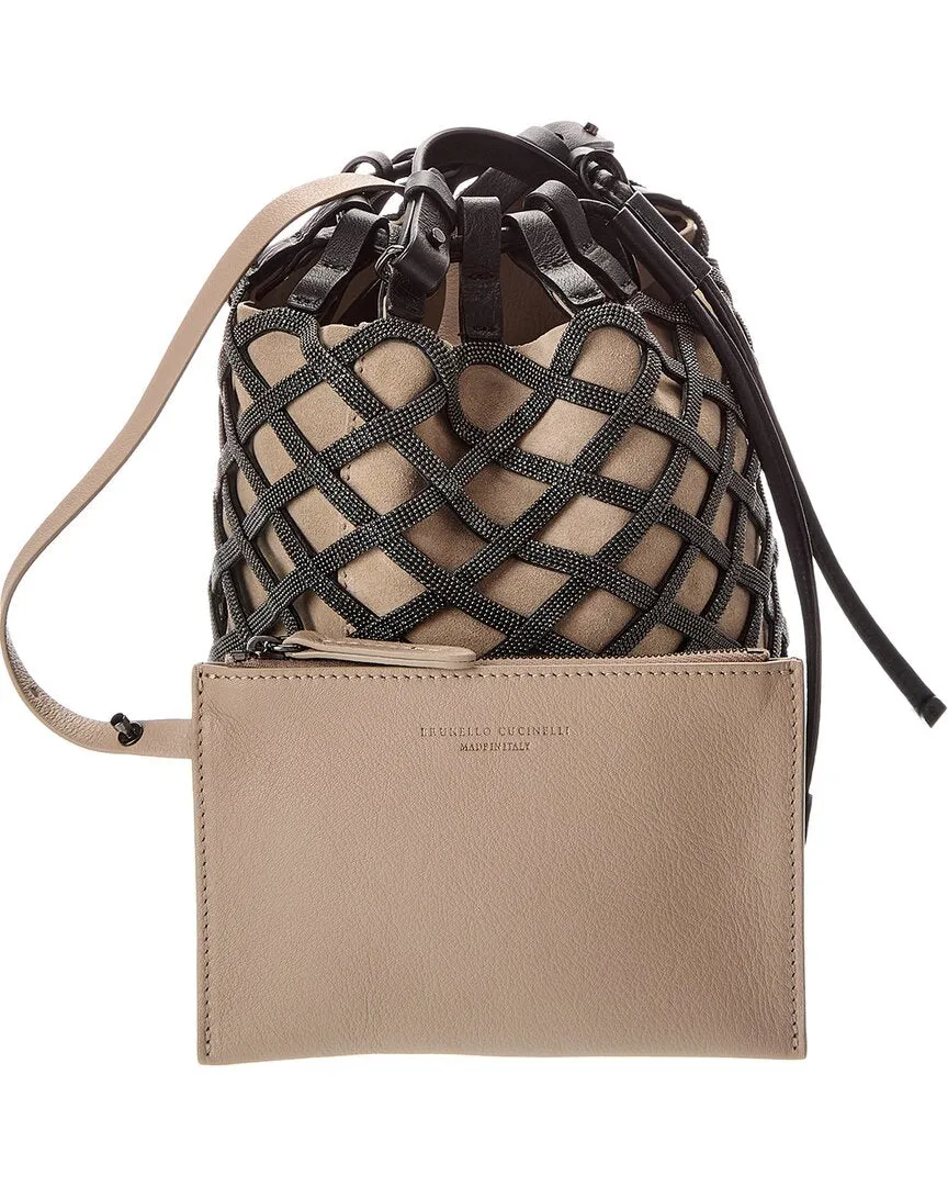 Brunello Cucinelli Monili Drawstring Suede & Leather Bucket Bag