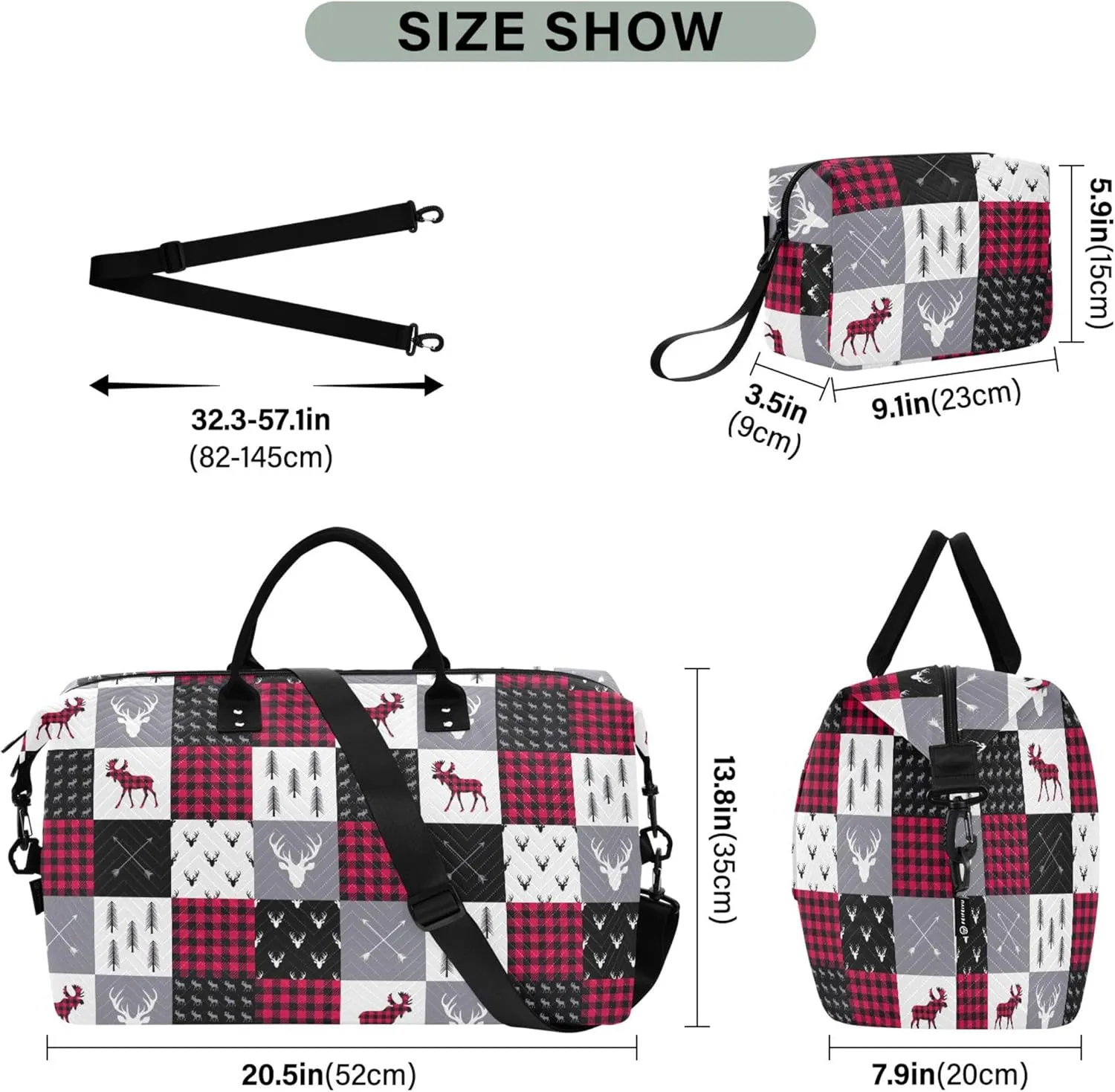 Buffalo Plaid Deer Patchwork Style Duffle Bag Women Travel Make up Bags Set, Prints Women Tote Gym Bag Weekender Travel Bag