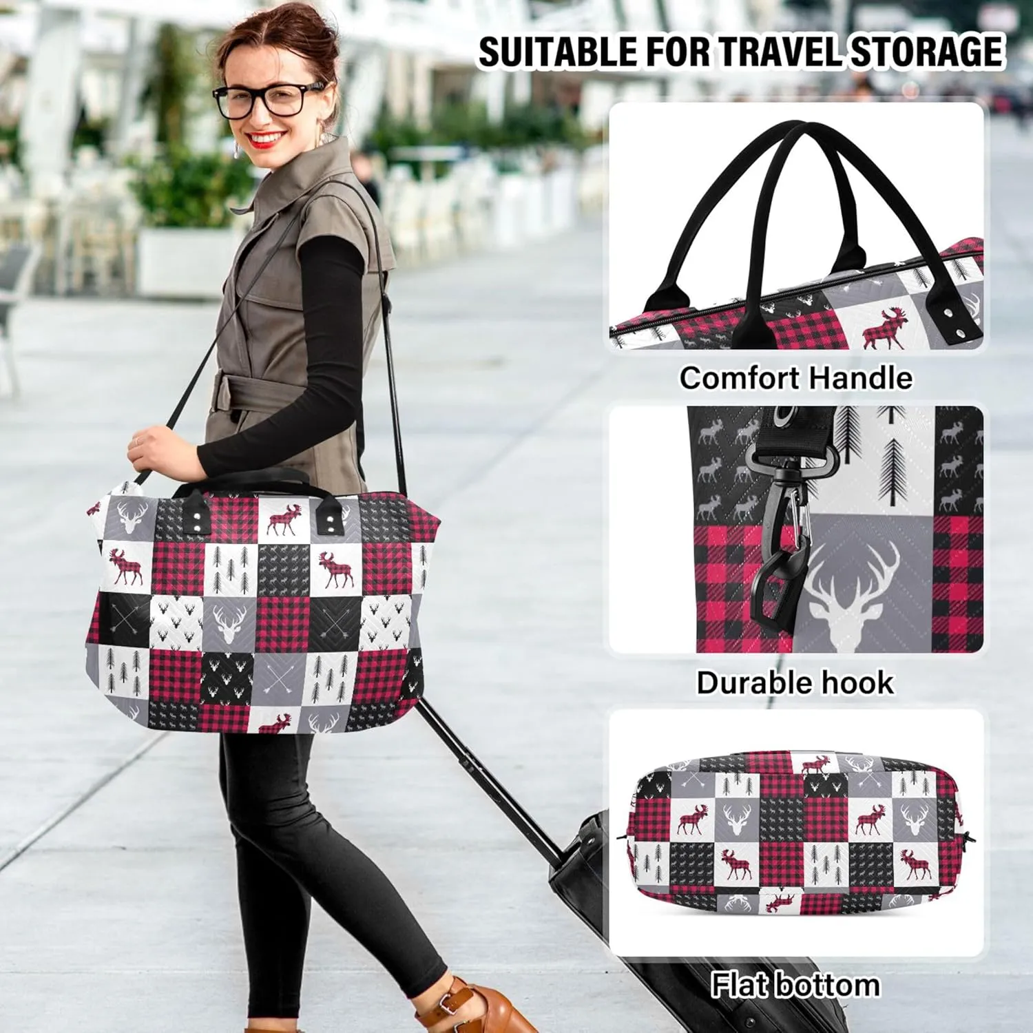 Buffalo Plaid Deer Patchwork Style Duffle Bag Women Travel Make up Bags Set, Prints Women Tote Gym Bag Weekender Travel Bag