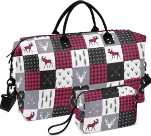 Buffalo Plaid Deer Patchwork Style Duffle Bag Women Travel Make up Bags Set, Prints Women Tote Gym Bag Weekender Travel Bag