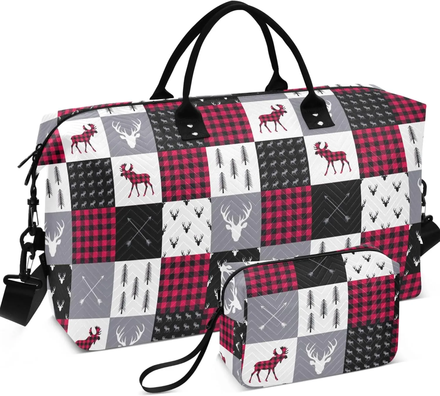 Buffalo Plaid Deer Patchwork Style Duffle Bag Women Travel Make up Bags Set, Prints Women Tote Gym Bag Weekender Travel Bag