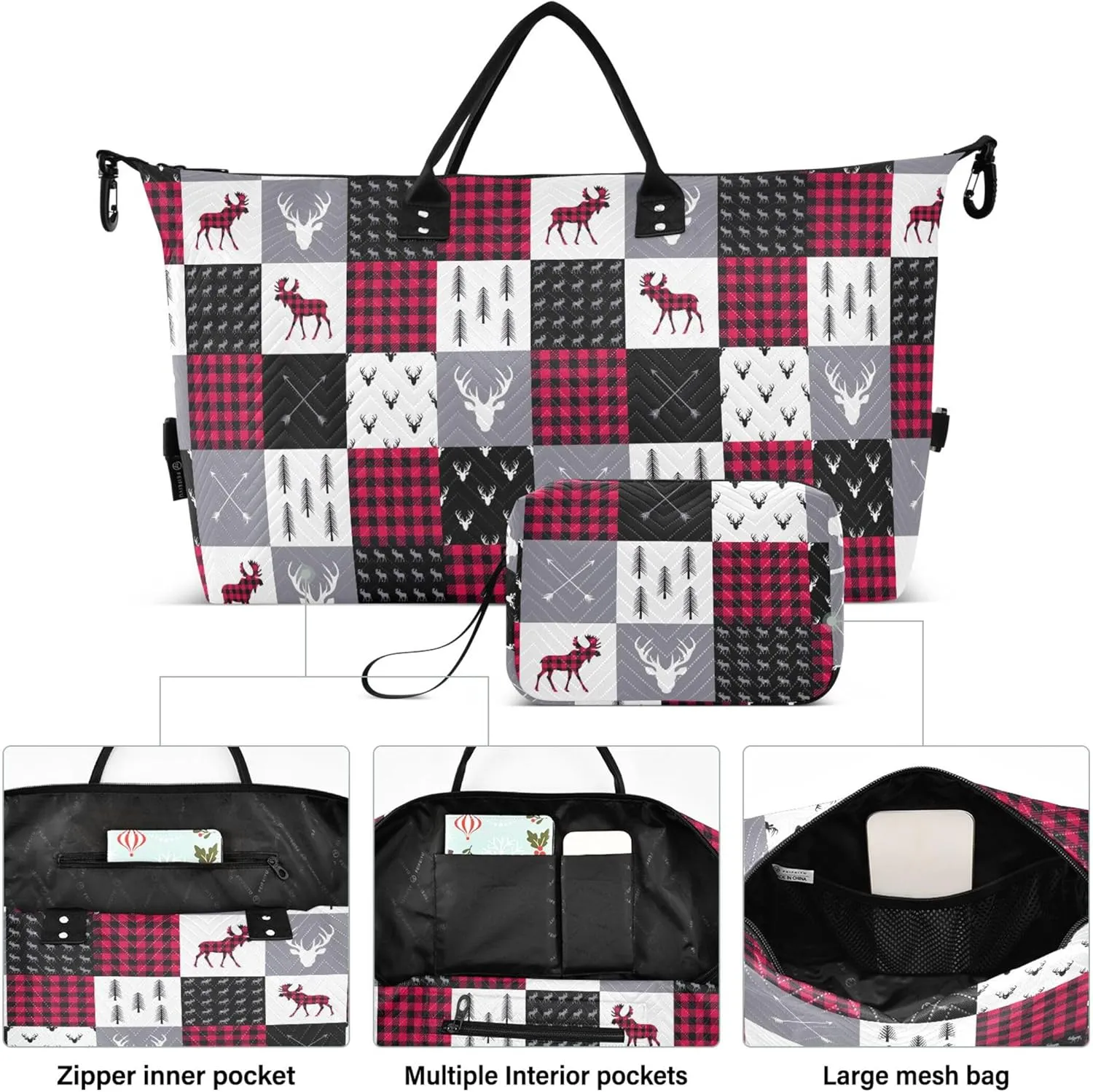 Buffalo Plaid Deer Patchwork Style Duffle Bag Women Travel Make up Bags Set, Prints Women Tote Gym Bag Weekender Travel Bag