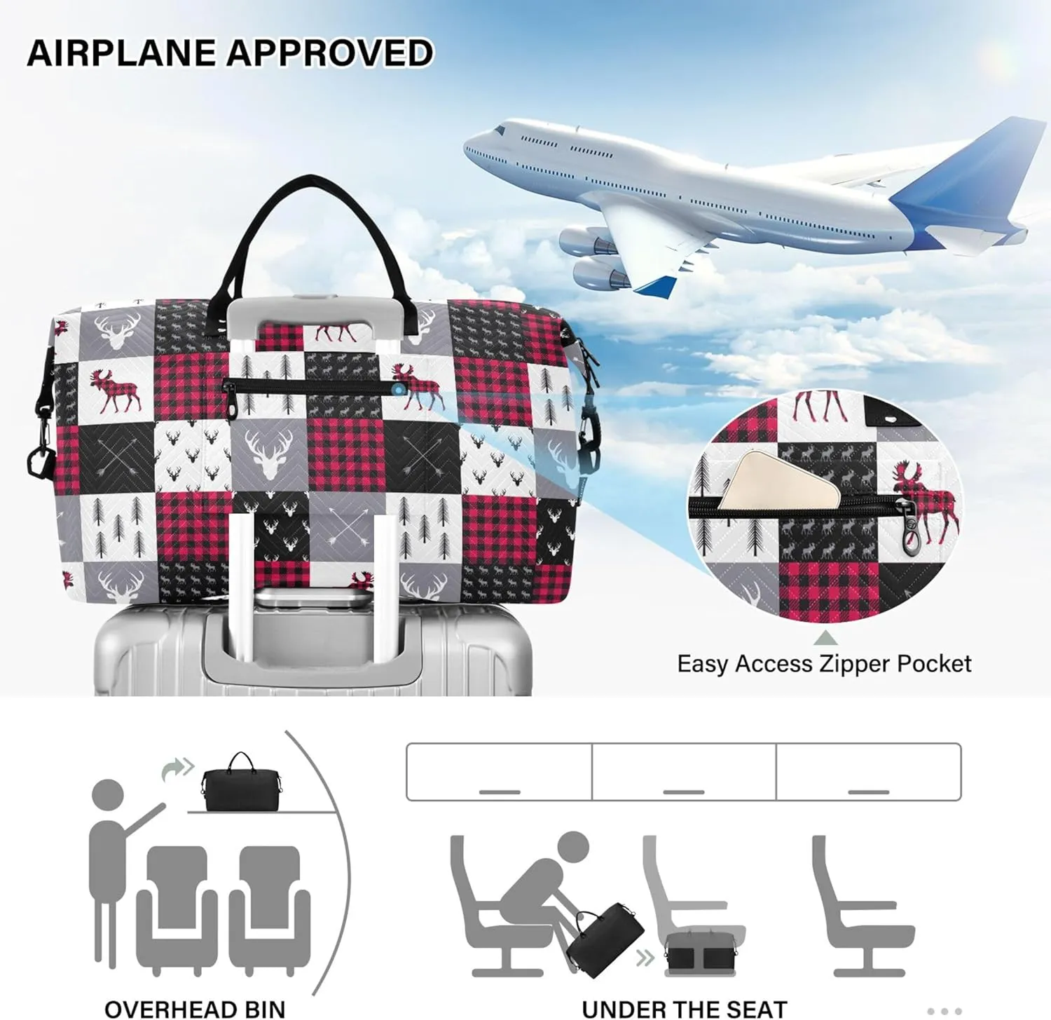 Buffalo Plaid Deer Patchwork Style Duffle Bag Women Travel Make up Bags Set, Prints Women Tote Gym Bag Weekender Travel Bag