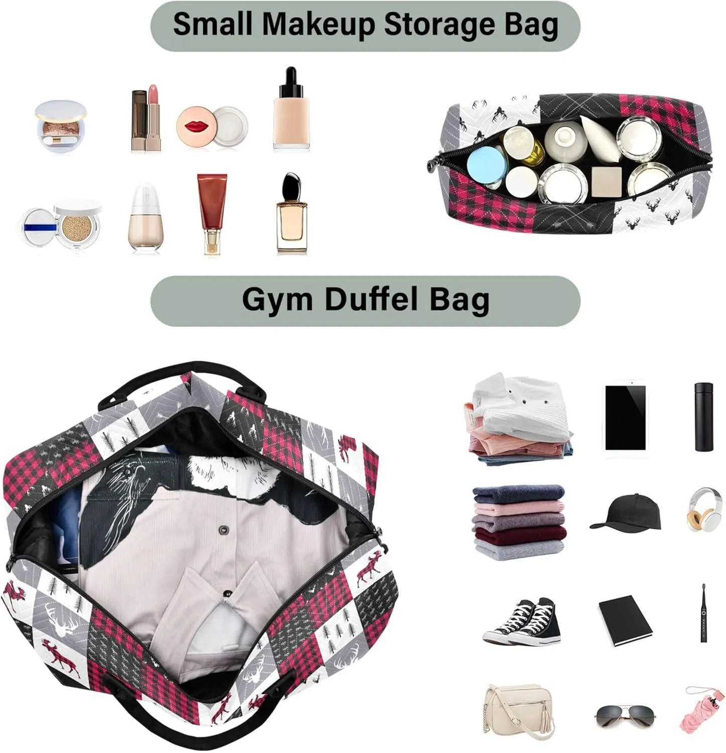 Buffalo Plaid Deer Patchwork Style Duffle Bag Women Travel Make up Bags Set, Prints Women Tote Gym Bag Weekender Travel Bag