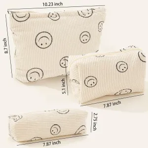 Caliee Makeup Bag Cute Smiley Face Makeup Bag Organizer With Zipper Corduroy makeup Bag 3PCS Bag For Purses For Women (Beige)