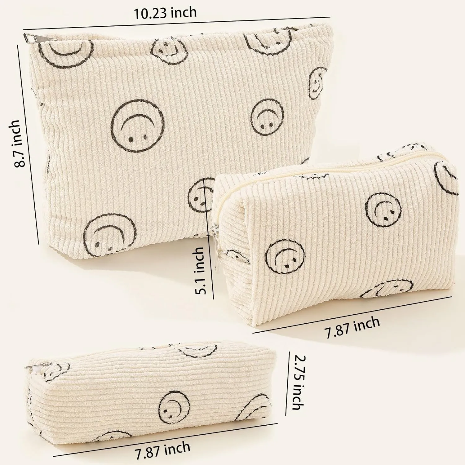 Caliee Makeup Bag Cute Smiley Face Makeup Bag Organizer With Zipper Corduroy makeup Bag 3PCS Bag For Purses For Women (Beige)