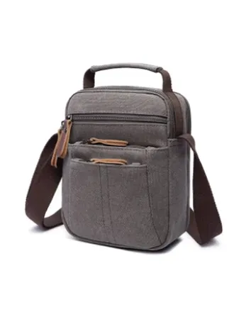 Canvas & Leather Shoulder Bag - Grey/ Blue/ Green/ Brown/ Camel