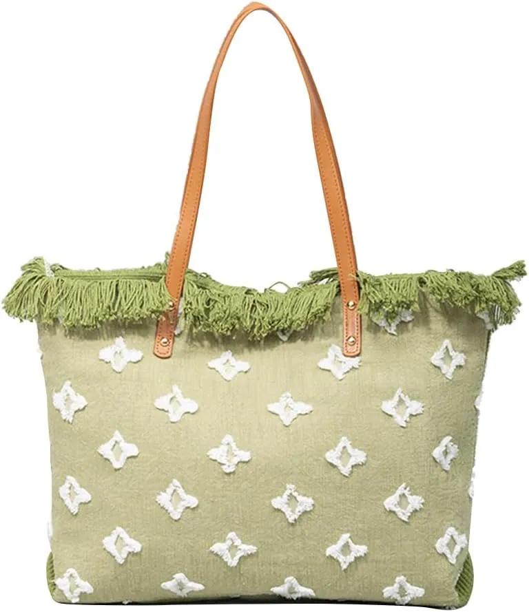 Canvas Handbag for Women Bohemian Tote Bag Large Top Handle Bag Summer Beach Bag Hobo Bag with Tassels Shoulder Bag