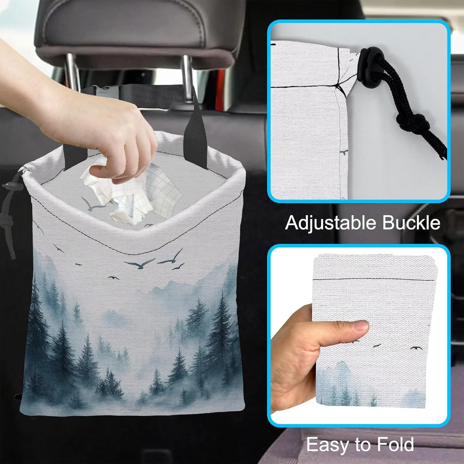 Car Trash Bag Hanging Misty Forest and Birds Car Trash Can Waterproof Garbage Bag Hanging for Car Back Seat