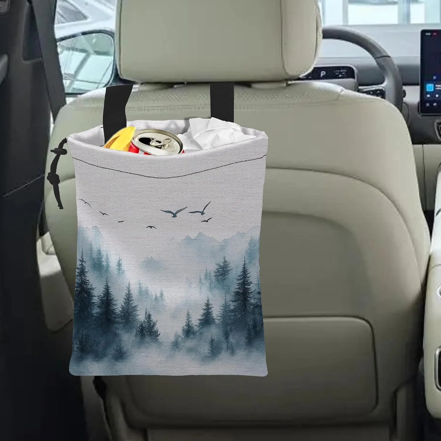 Car Trash Bag Hanging Misty Forest and Birds Car Trash Can Waterproof Garbage Bag Hanging for Car Back Seat