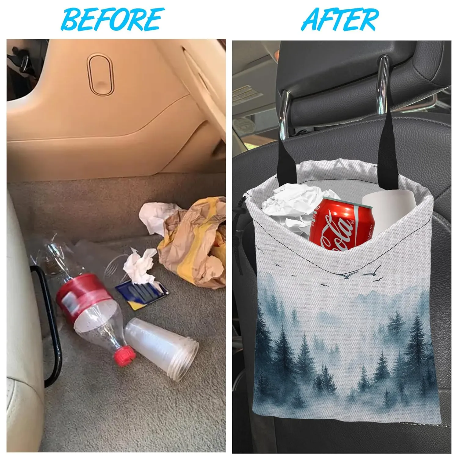 Car Trash Bag Hanging Misty Forest and Birds Car Trash Can Waterproof Garbage Bag Hanging for Car Back Seat