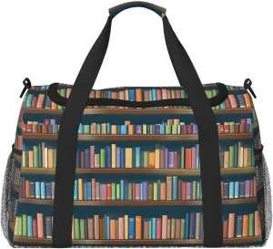 Cartoon Bookshelf Bookworm Travel Duffel Bag With Zippers And Handles, Big Foldable Duffle Bag For Family Vacations