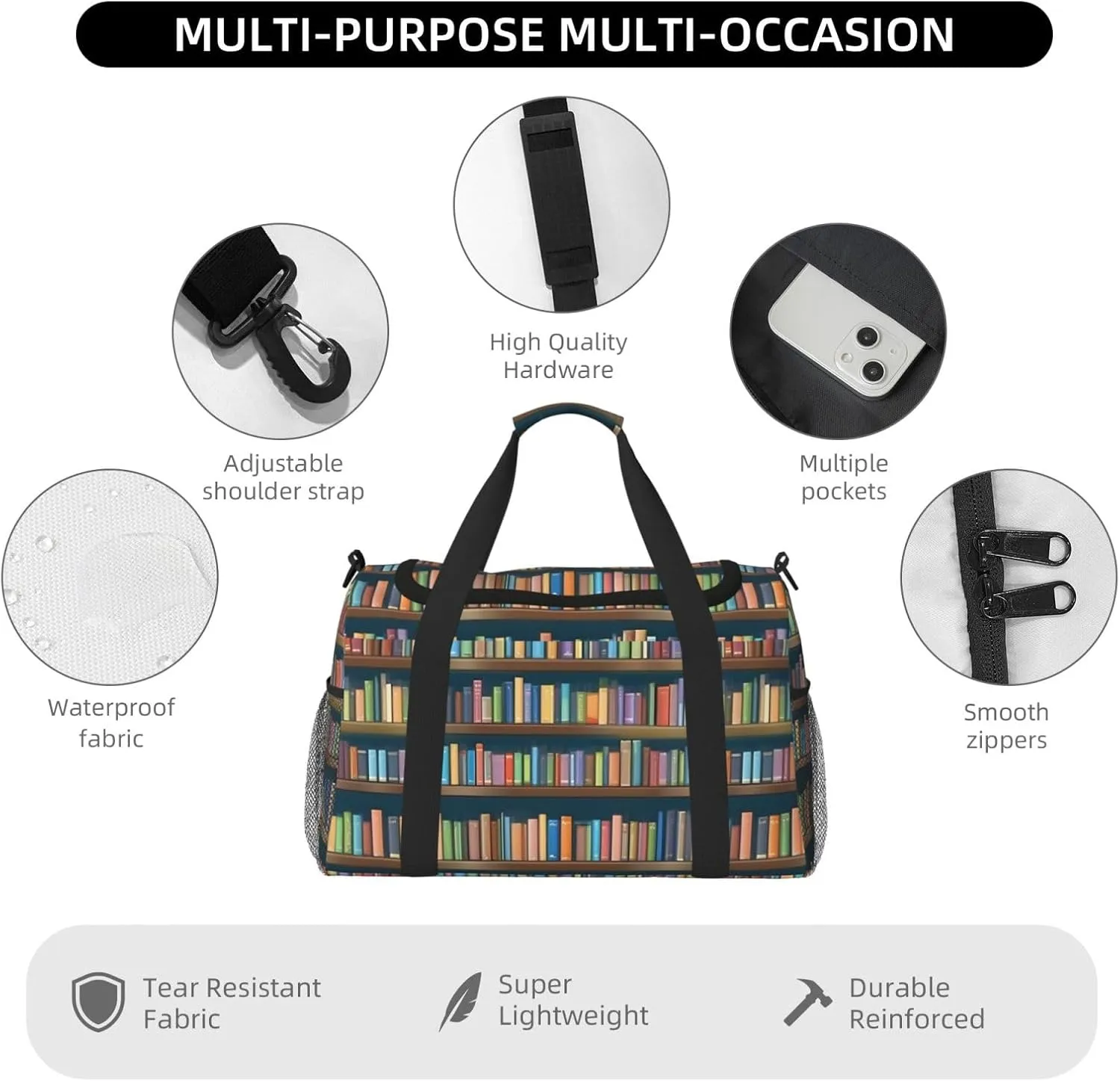 Cartoon Bookshelf Bookworm Travel Duffel Bag With Zippers And Handles, Big Foldable Duffle Bag For Family Vacations