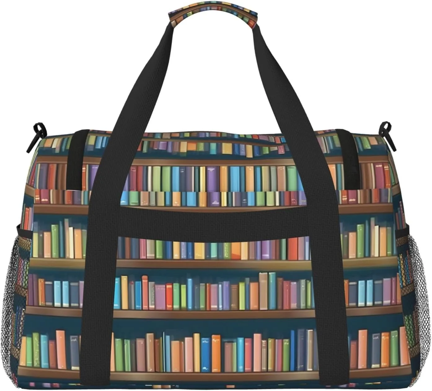 Cartoon Bookshelf Bookworm Travel Duffel Bag With Zippers And Handles, Big Foldable Duffle Bag For Family Vacations