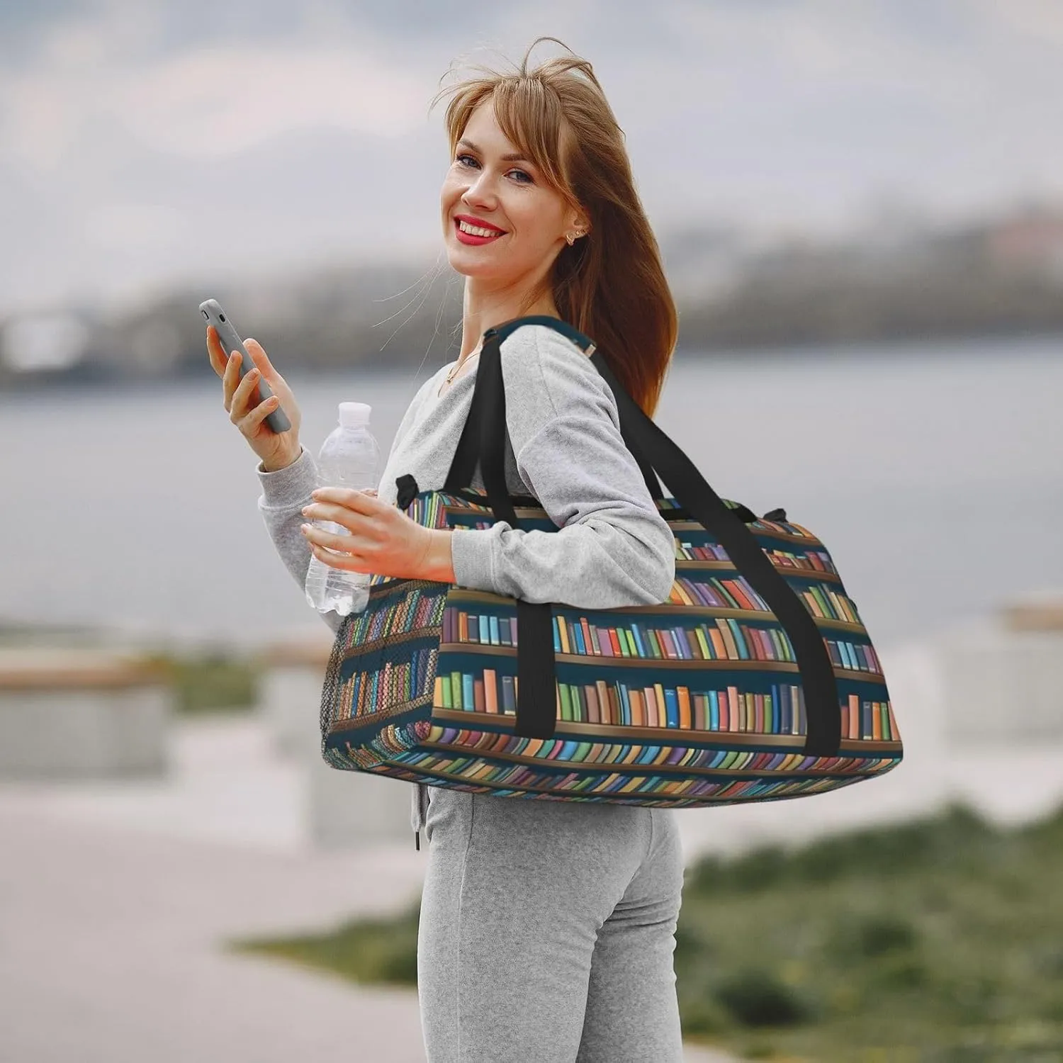 Cartoon Bookshelf Bookworm Travel Duffel Bag With Zippers And Handles, Big Foldable Duffle Bag For Family Vacations