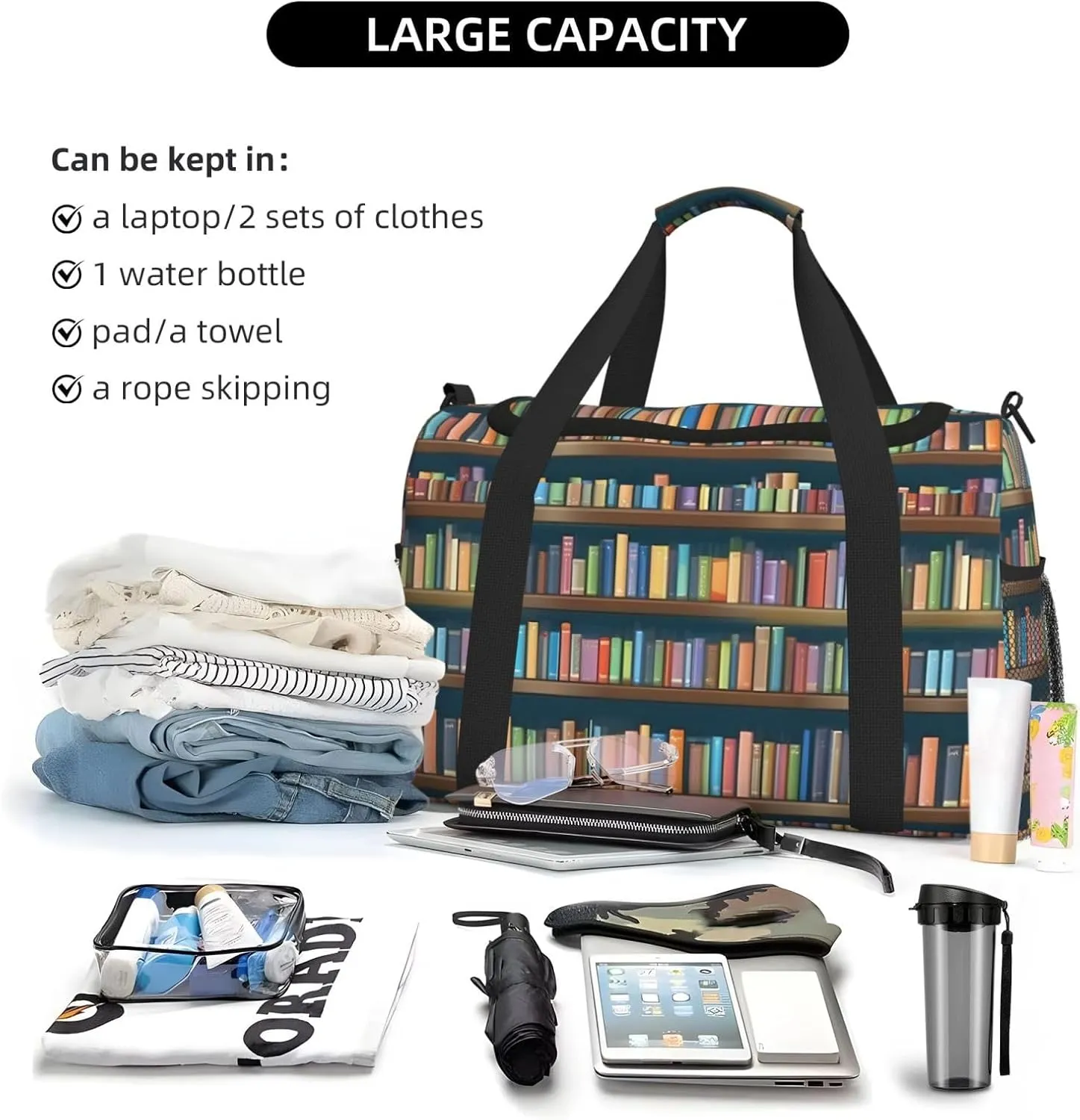 Cartoon Bookshelf Bookworm Travel Duffel Bag With Zippers And Handles, Big Foldable Duffle Bag For Family Vacations