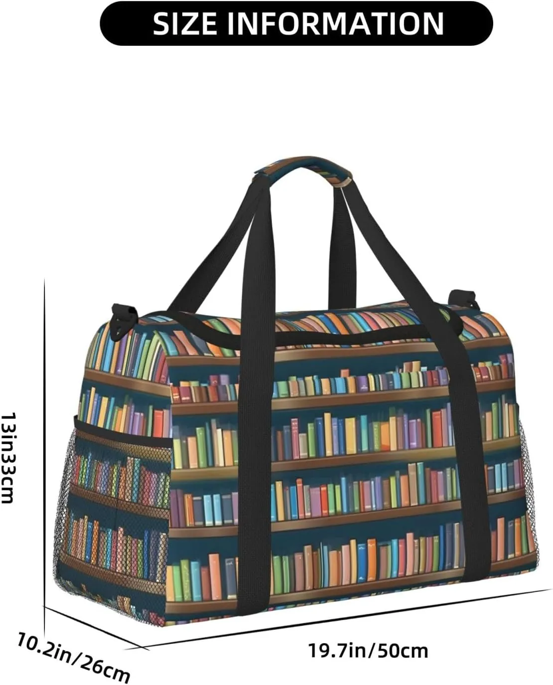 Cartoon Bookshelf Bookworm Travel Duffel Bag With Zippers And Handles, Big Foldable Duffle Bag For Family Vacations