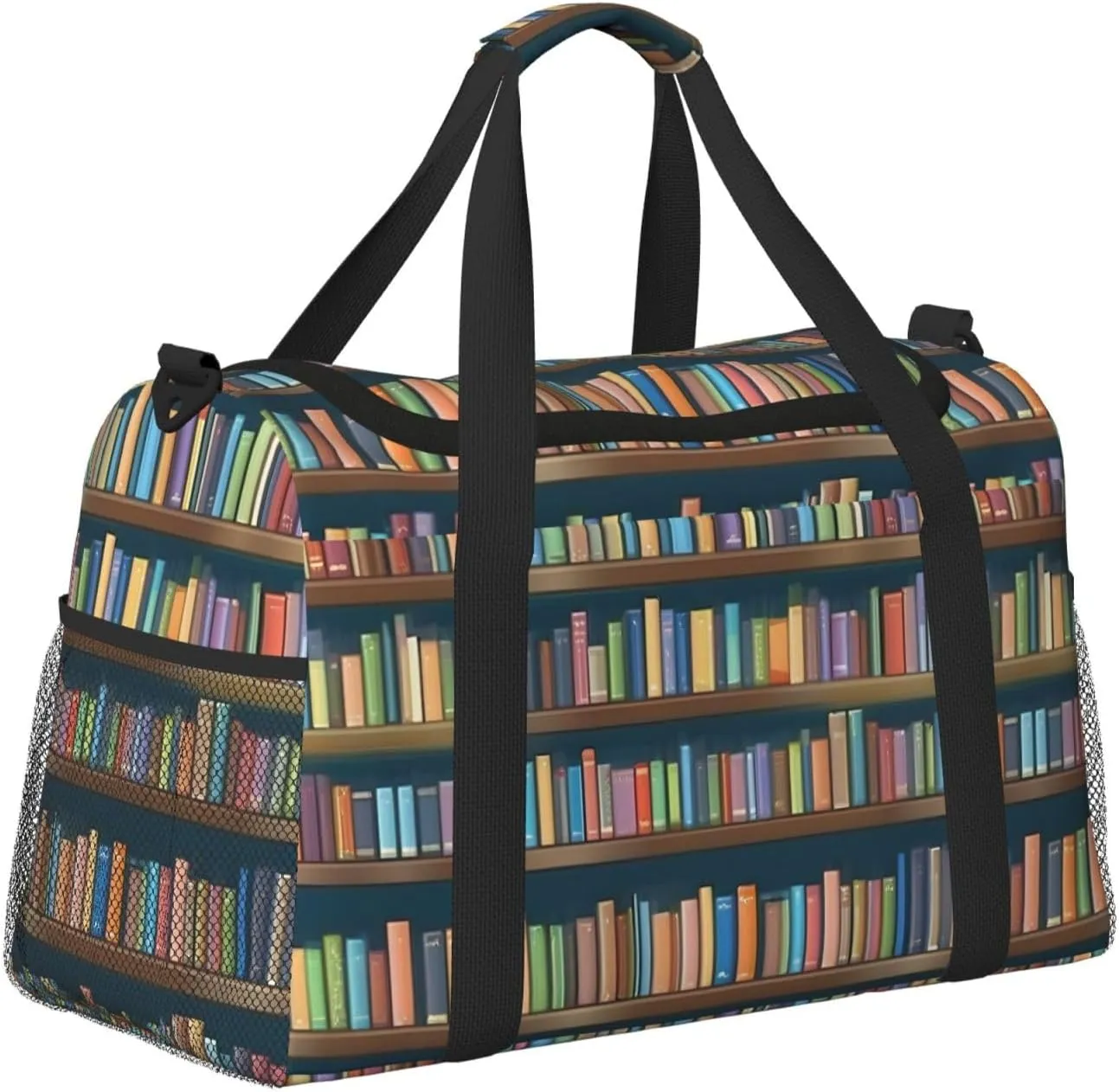 Cartoon Bookshelf Bookworm Travel Duffel Bag With Zippers And Handles, Big Foldable Duffle Bag For Family Vacations