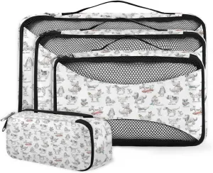 Cartoon Dog Sketch Print 4 Piece Packing Travel Organizer Cubes Set Mesh Fabric Ventilate Design Lightweight Travel Accessories 4 Sizes (Extra Large, Large, Medium, Small)