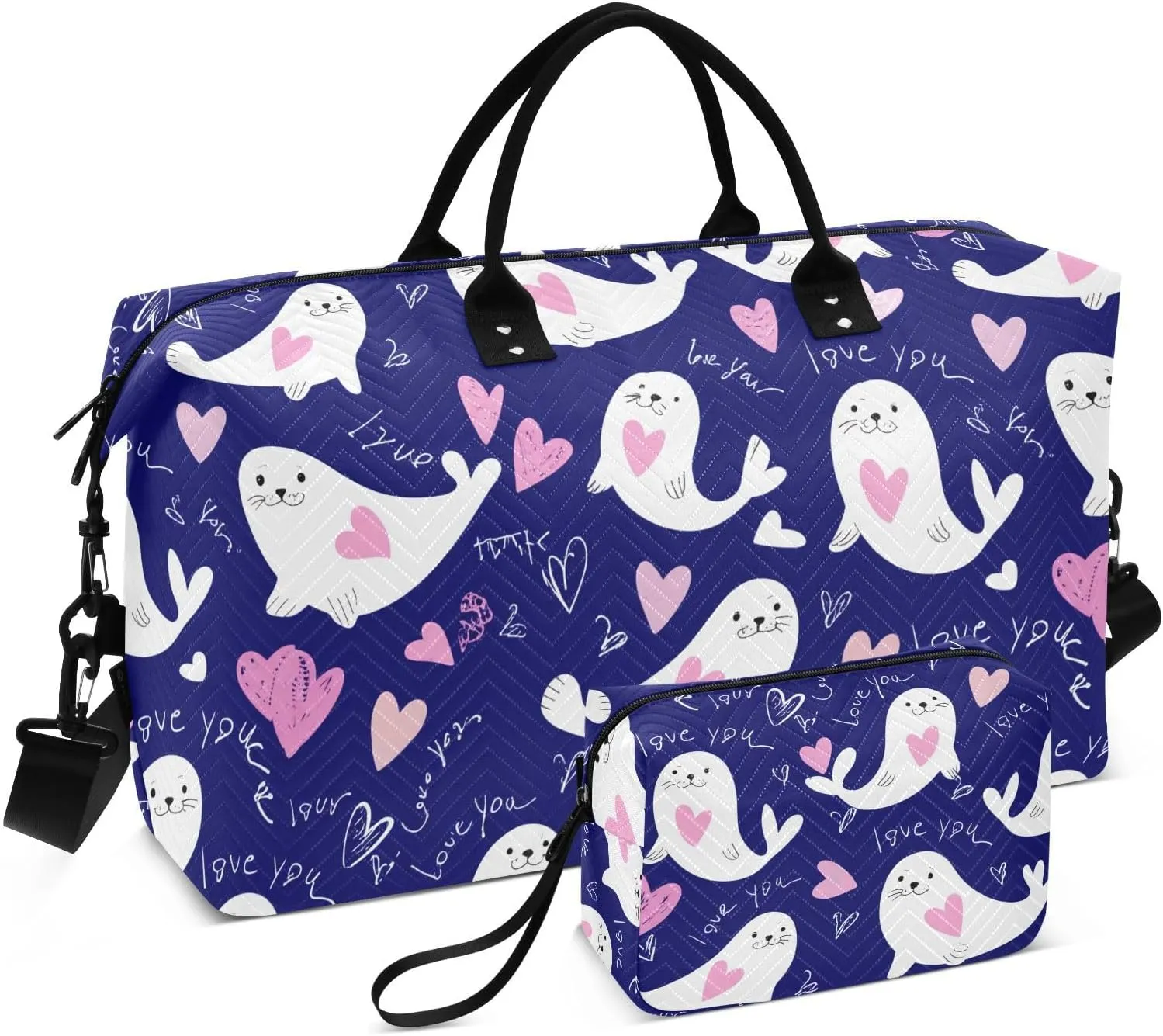 Cartoon Seal Love Sports Gym Bag for Women Men Travel Duffel Bag Weekend Overnight Carry on Bag with Toiletry Bag Training Handbag for Workout Swimming Yoga Plane Hospital