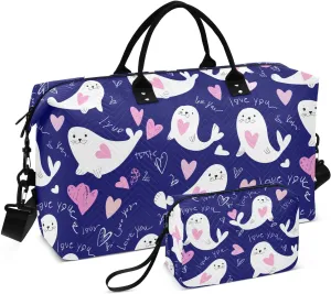 Cartoon Seal Love Sports Gym Bag for Women Men Travel Duffel Bag Weekend Overnight Carry on Bag with Toiletry Bag Training Handbag for Workout Swimming Yoga Plane Hospital