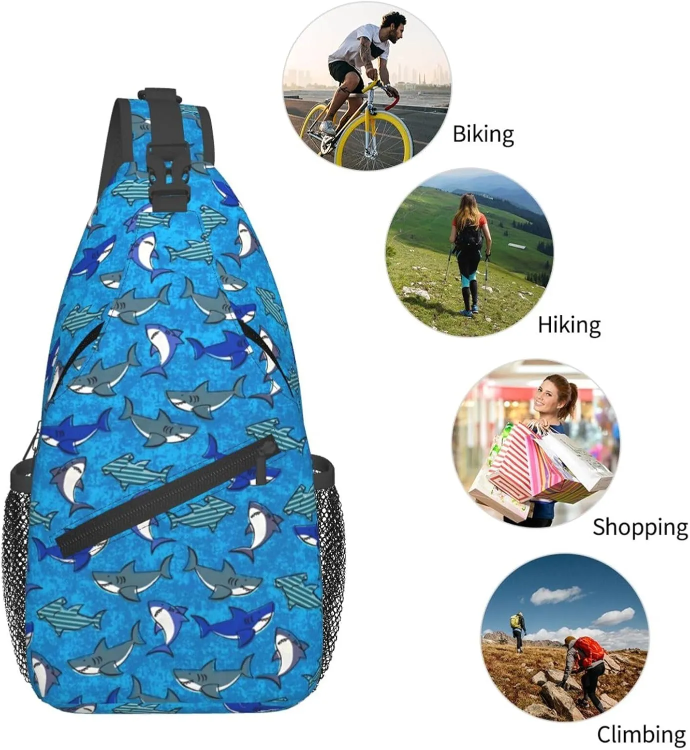 Cartoons Sharks (Blue) Chest Sling Bag Crossbody Shoulder Backpack Bag Gym Cycling Daypack Travel Hiking Cross Bag