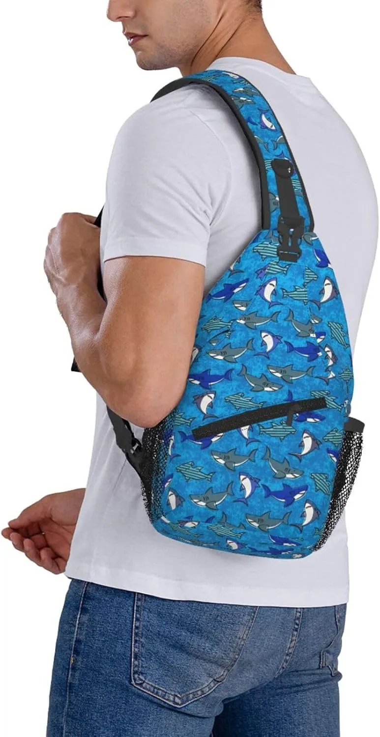 Cartoons Sharks (Blue) Chest Sling Bag Crossbody Shoulder Backpack Bag Gym Cycling Daypack Travel Hiking Cross Bag