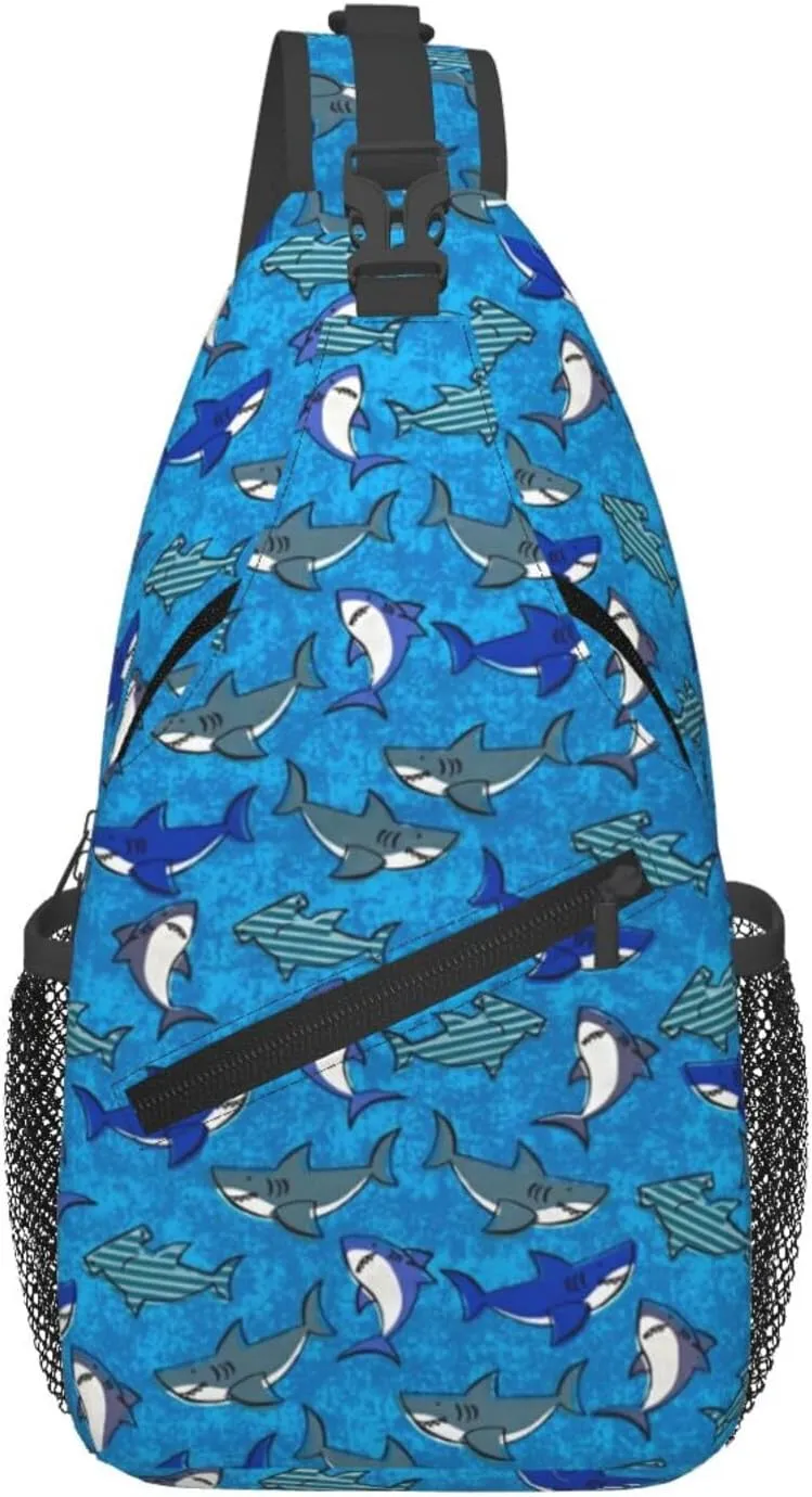 Cartoons Sharks (Blue) Chest Sling Bag Crossbody Shoulder Backpack Bag Gym Cycling Daypack Travel Hiking Cross Bag