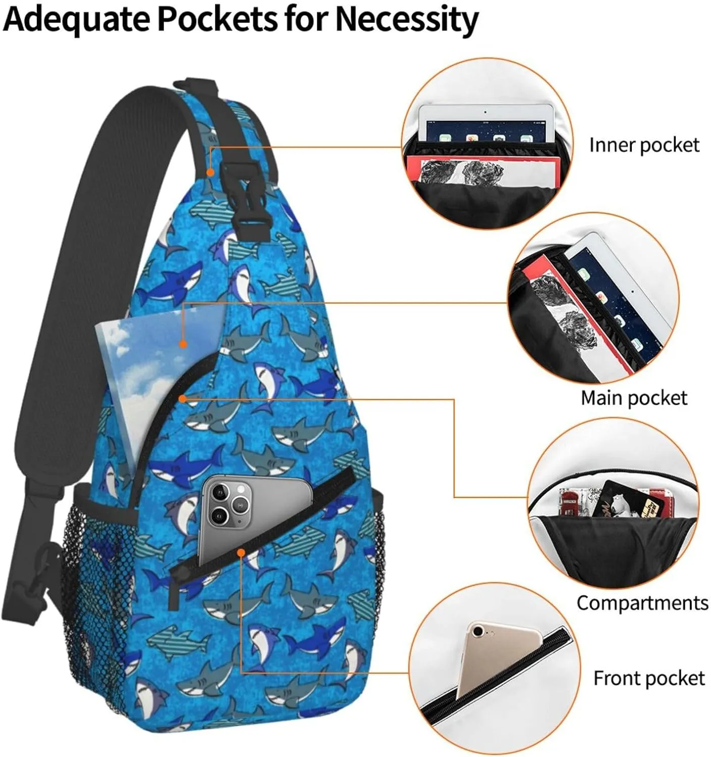 Cartoons Sharks (Blue) Chest Sling Bag Crossbody Shoulder Backpack Bag Gym Cycling Daypack Travel Hiking Cross Bag