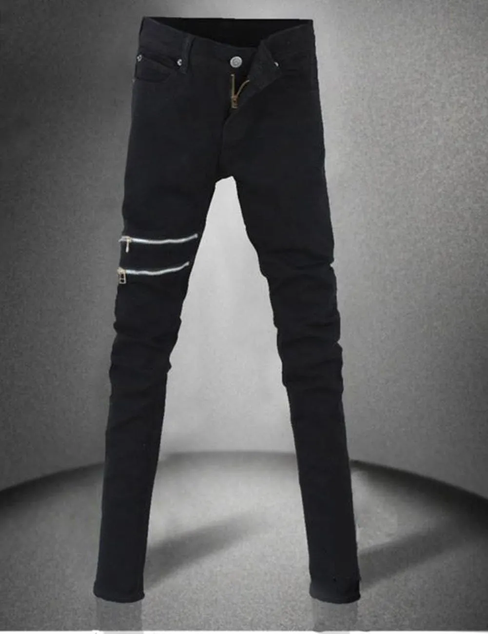 Casual Mens Punk Skinny Black Denim Jeans Trousers with Zippers
