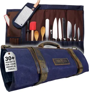 Chef Knife Roll Bag | 16oz ULTRA Wax Canvas & Top Grain Leather | 22 Slots & 4 Zipper Pouch | Double Stitch | Water-Resistant | Cleaver Pouch | Knife Organizer for Chefs and Culinary Students