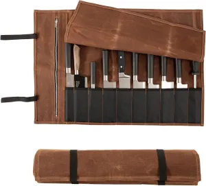Chef Knife Roll Bag, Waxed Canvas Chef Knife Bag, Portable 10 Slots Chef Knife Case With 1 Zipper Pockets, Can Hold Home Kitchen Knife Tools Knife slot wide To 2.17”, Duty Knives Roll Bags for Chef