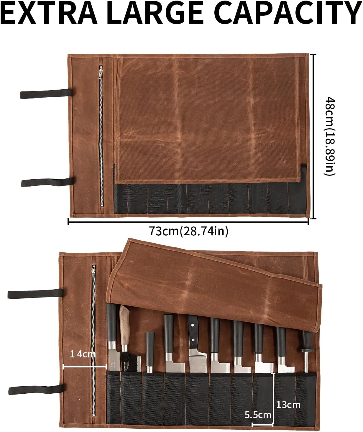 Chef Knife Roll Bag, Waxed Canvas Chef Knife Bag, Portable 10 Slots Chef Knife Case With 1 Zipper Pockets, Can Hold Home Kitchen Knife Tools Knife slot wide To 2.17”, Duty Knives Roll Bags for Chef