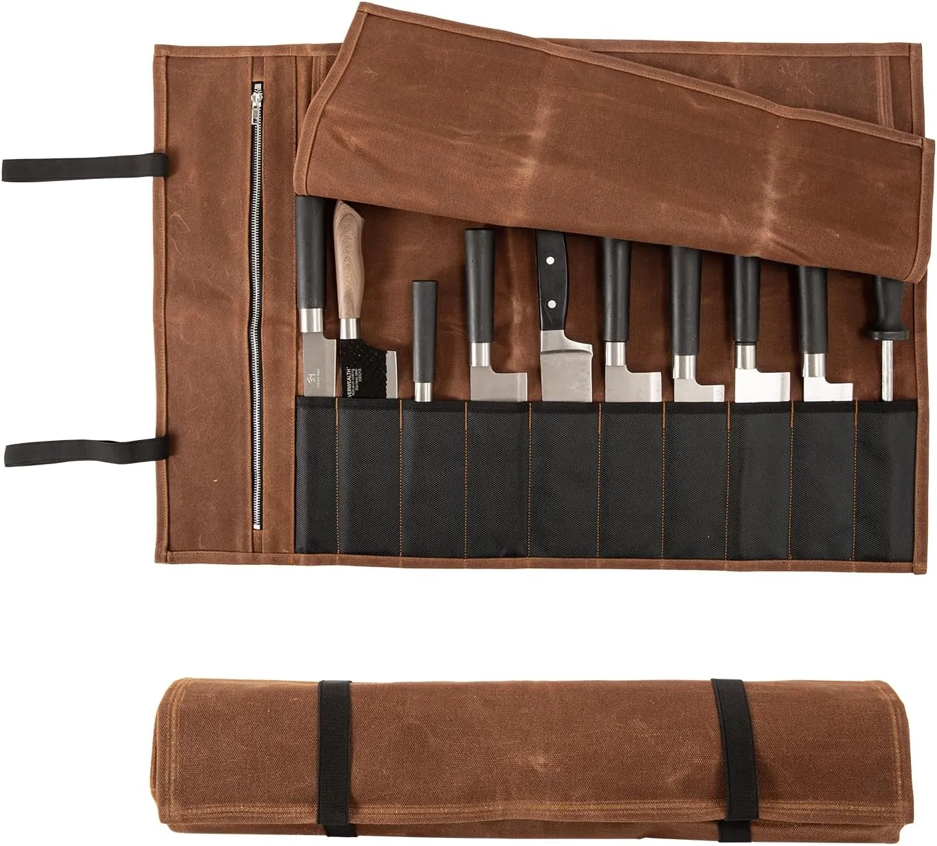 Chef Knife Roll Bag, Waxed Canvas Chef Knife Bag, Portable 10 Slots Chef Knife Case With 1 Zipper Pockets, Can Hold Home Kitchen Knife Tools Knife slot wide To 2.17”, Duty Knives Roll Bags for Chef