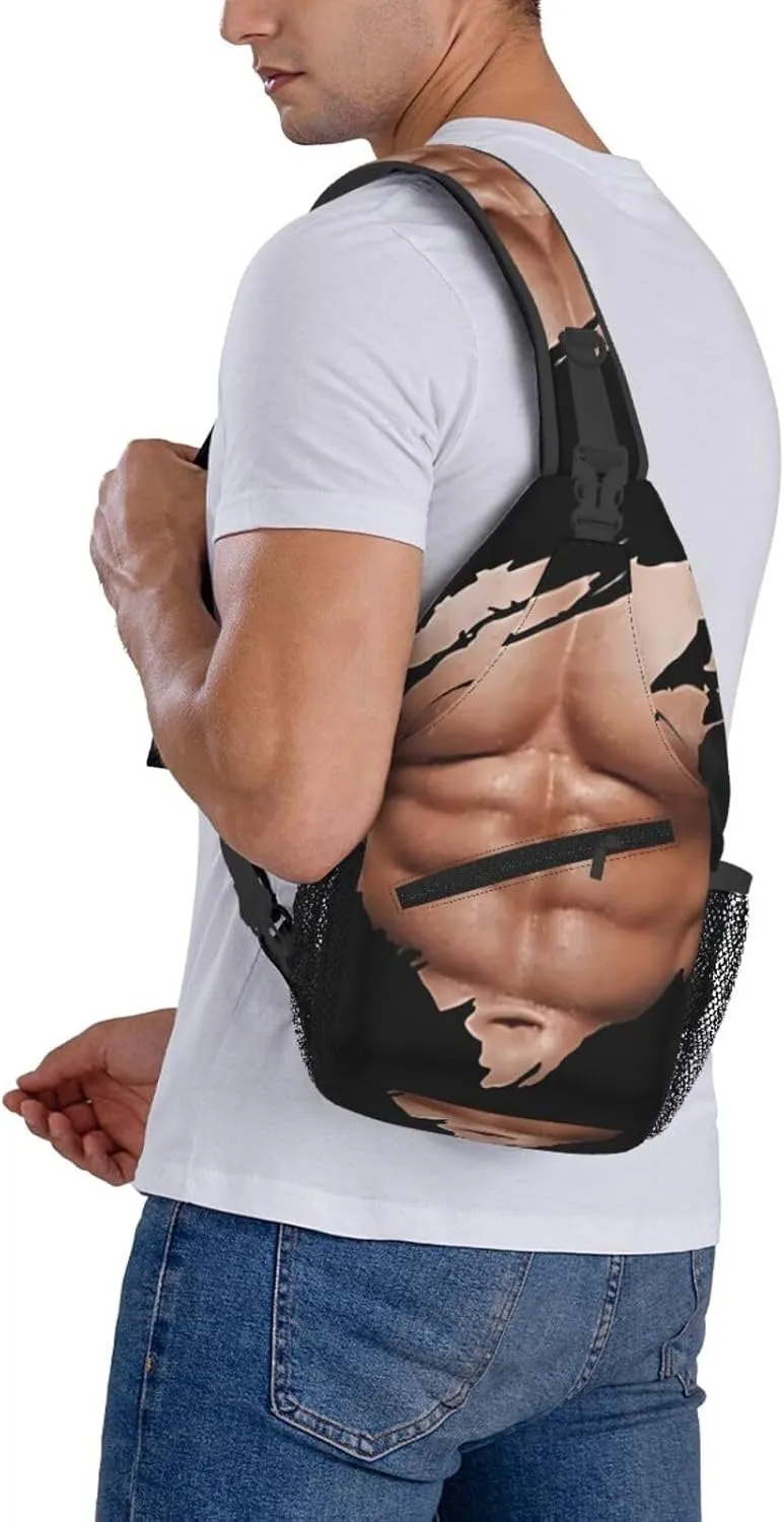 Chest Six Pack ABS Muscles Bodybuilder Crossbody Bag Cross Chest Bag Adjustable Sling Backpack Sports Gym Shoulder Bags Travel Cycling Daypack Diagonally Casual Rucksack