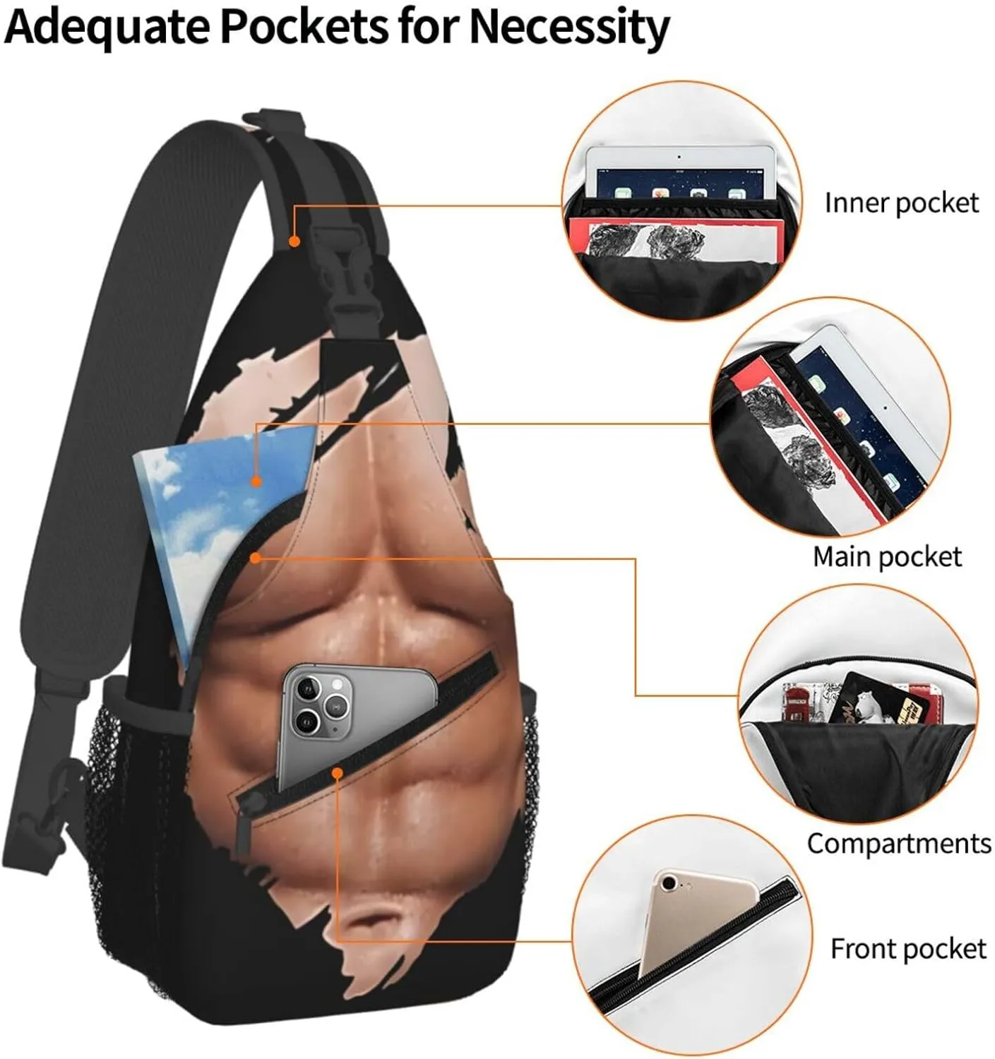 Chest Six Pack ABS Muscles Bodybuilder Crossbody Bag Cross Chest Bag Adjustable Sling Backpack Sports Gym Shoulder Bags Travel Cycling Daypack Diagonally Casual Rucksack