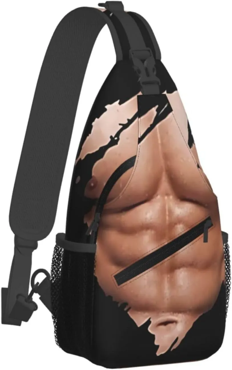 Chest Six Pack ABS Muscles Bodybuilder Crossbody Bag Cross Chest Bag Adjustable Sling Backpack Sports Gym Shoulder Bags Travel Cycling Daypack Diagonally Casual Rucksack