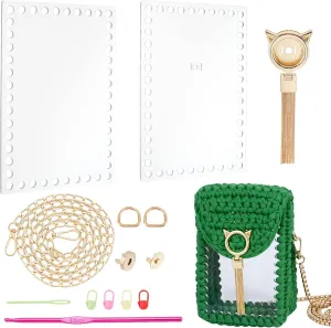 CHGCRAFT Plastic Mesh Canvas Sheets Bag Set DIY Knitting Crochet Bags Kit Clear Cross Stitch Mesh with Knitting Needle and Cat Head Tassel for Knit Crochet Shoulder Crossbody Bags, Square
