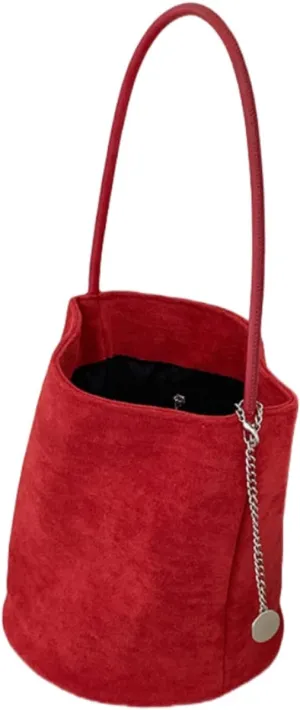 Chic Women's Bucket Bag, Cylindrical Design, Vintage Commuter Faux Suede, Chain Accent, Waterproof Base