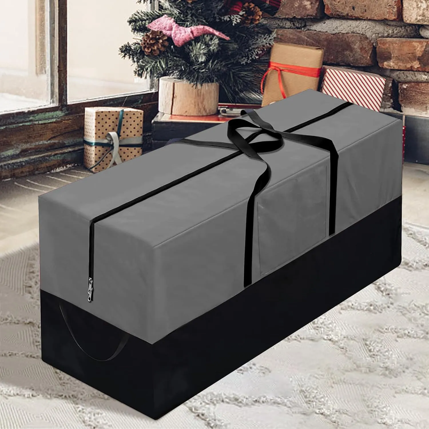 Christmas Tree Storage Bag, Fits Up 10 Ft Tall Artificial Trees-Heavy Duty Holiday Storage Box with Durable Reinforced Handles & Zipper & Transparent Pocket- 600D Oxford Tree Storage Container, Gray