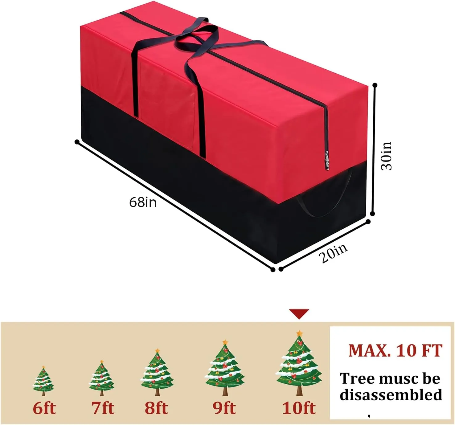 Christmas Tree Storage Bag, Fits Up 10 Ft Tall Artificial Trees-Heavy Duty Holiday Storage Box with Durable Reinforced Handles & Zipper & Transparent Pocket- 600D Oxford Tree Storage Container, Red