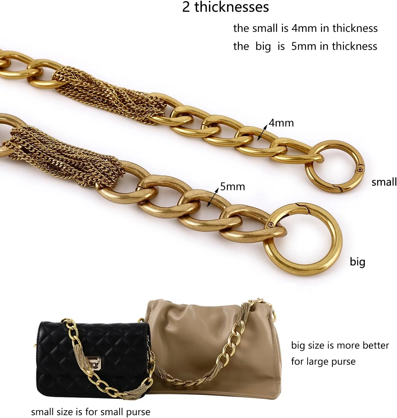 Classy Metal Tassels Bag Chains Purse Handles Shoulder Strap Replacement Charms Accessories (Antique Gold Small 24'')