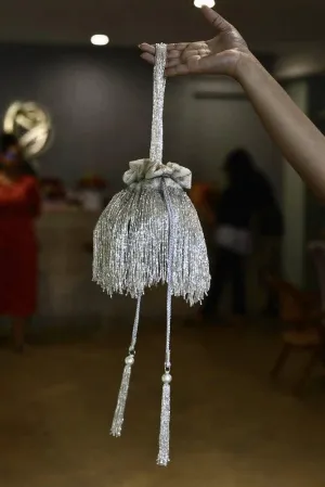 Cleopatra Collection: White and Silver Tassels Potli