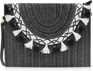 Clutch Purse, Straw Envelope Package, Bohemian Black White Tassels Clutch Bags, Handbags With Crossbody Shoulder Strap, Straw Bag Suitable for Beach, Travel, Daily Matching