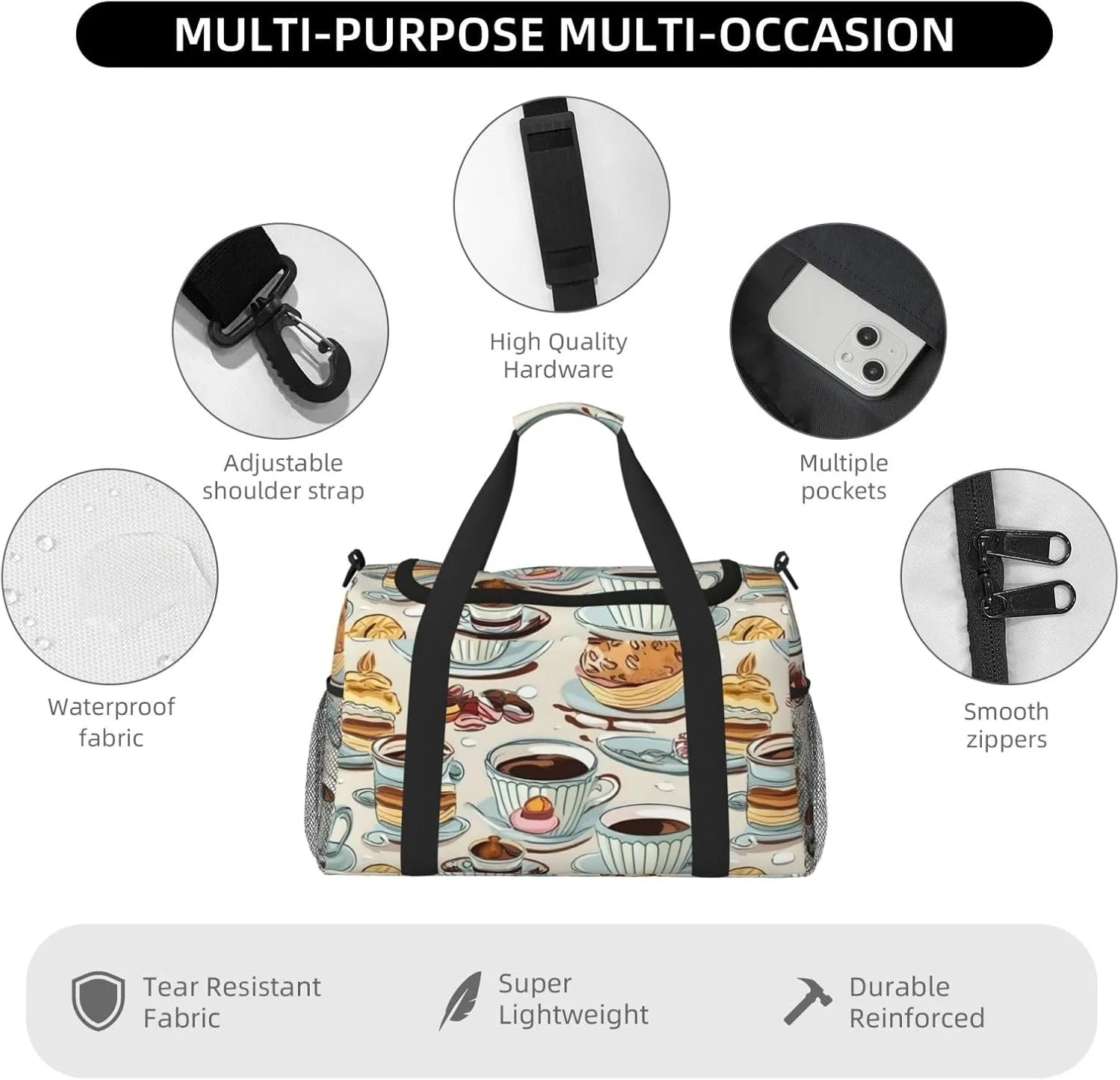 Coffee And Sweets Chocolate Travel Duffel Bag With Zippers And Handles, Big Foldable Duffle Bag For Family Vacations